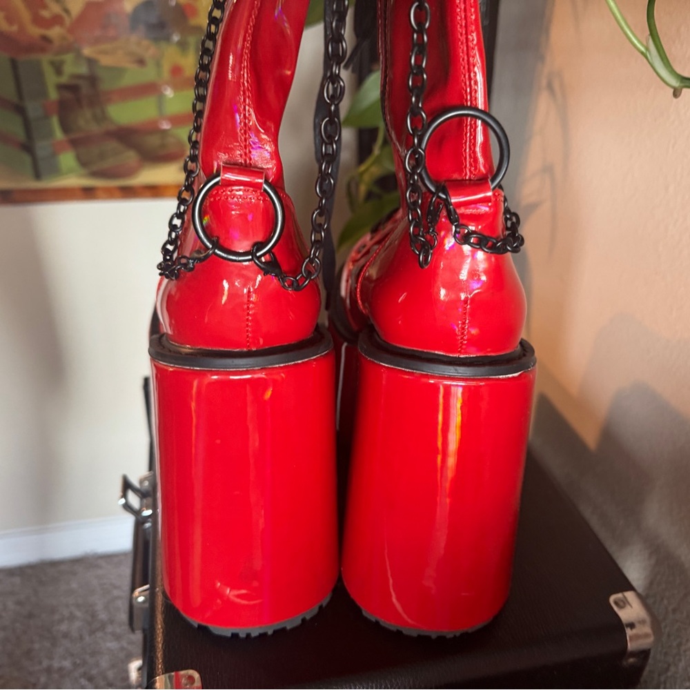 Demonia Swing-150 Red Platform Knee High Boots - image 4